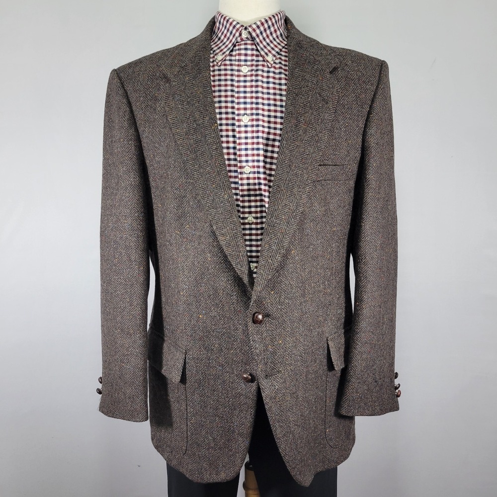 VTG Farah Mens Tweed Sport Coat Blazer Two Button 46L Brown Herringbone Wool 46L